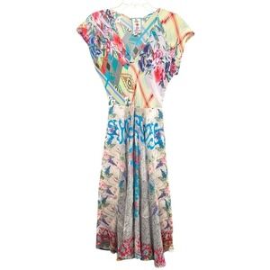 Johnny Was Cupra Rayon Midi Dress Colorful Floral Patchwork V-Neck size SMALL